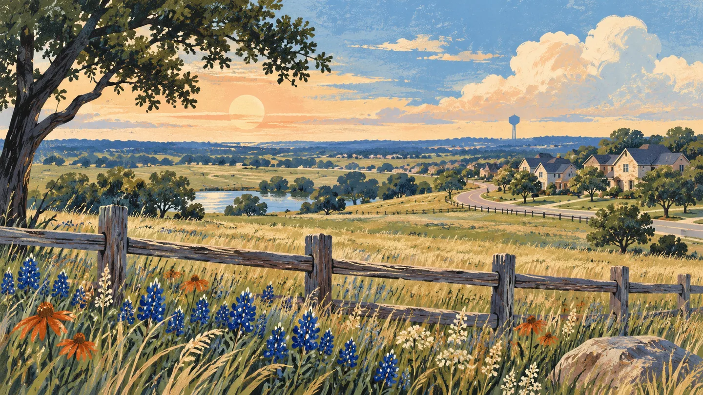 Illustration of prairie grasses, a wooden fence and distant North Texas homes