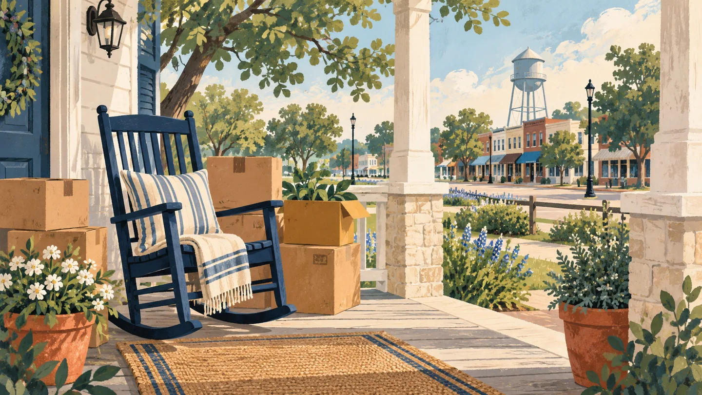 Illustration of a rocking chair and moving boxes overlooking a small Texas town