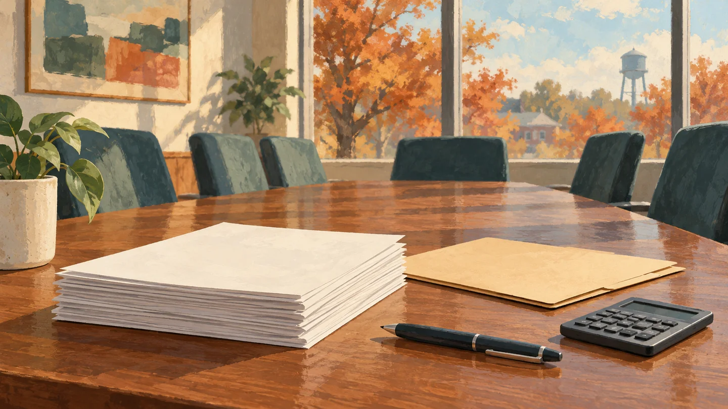 Conceptual illustration of blank meeting papers, a folder, calculator and pen on an empty meeting-room table in autumn
