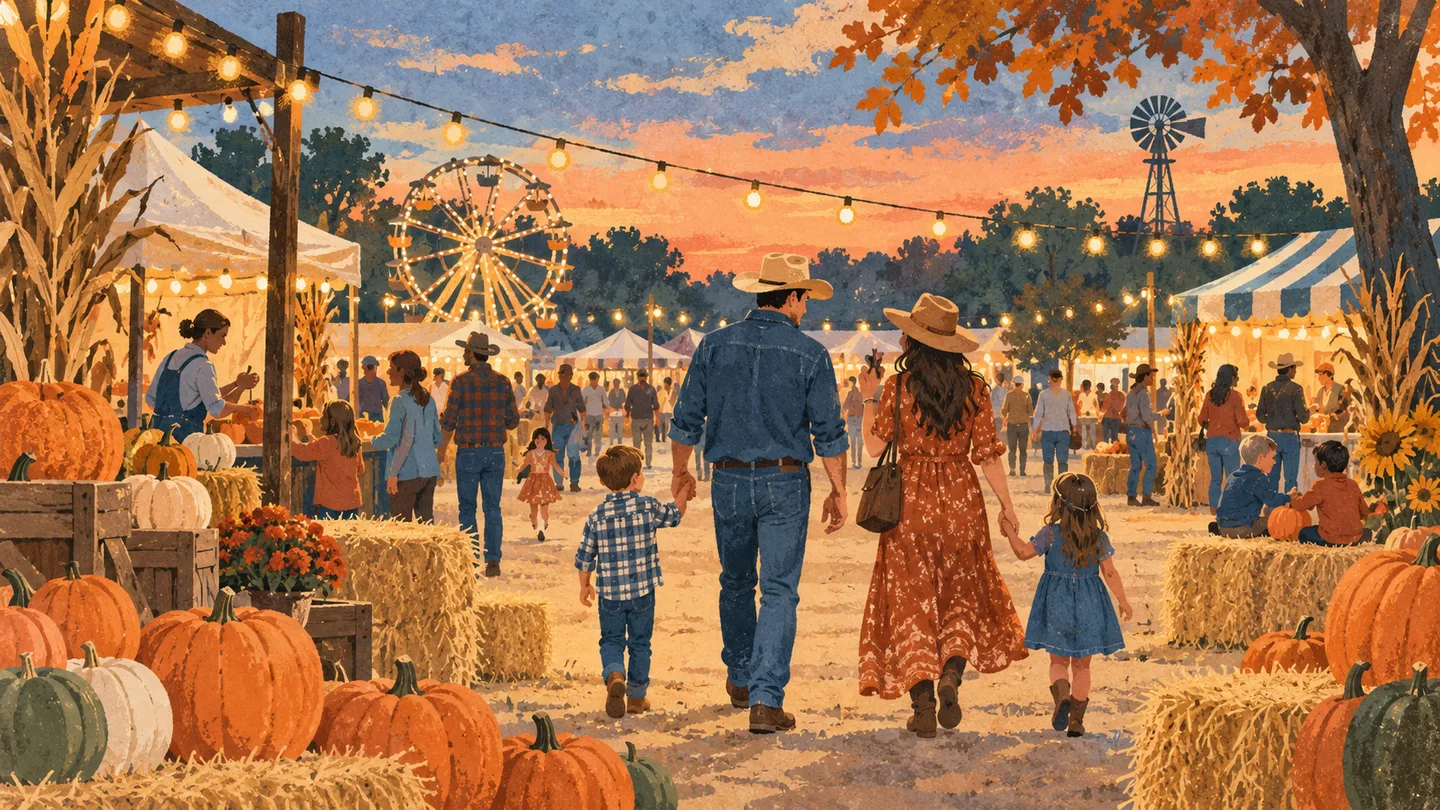 Illustration of families, pumpkins and string lights at a conceptual Texas fall fair