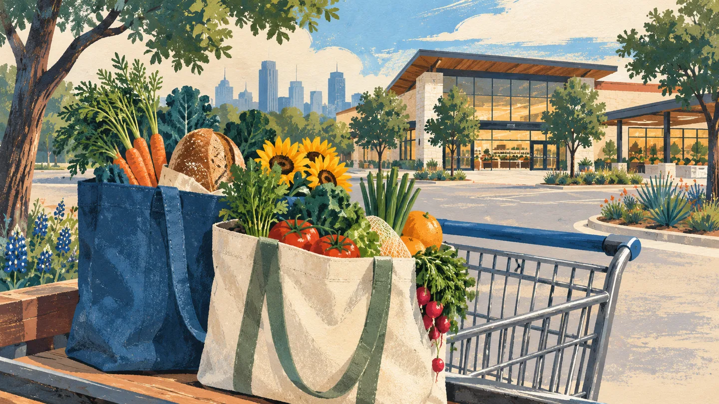 Illustration of grocery bags and a conceptual neighborhood supermarket
