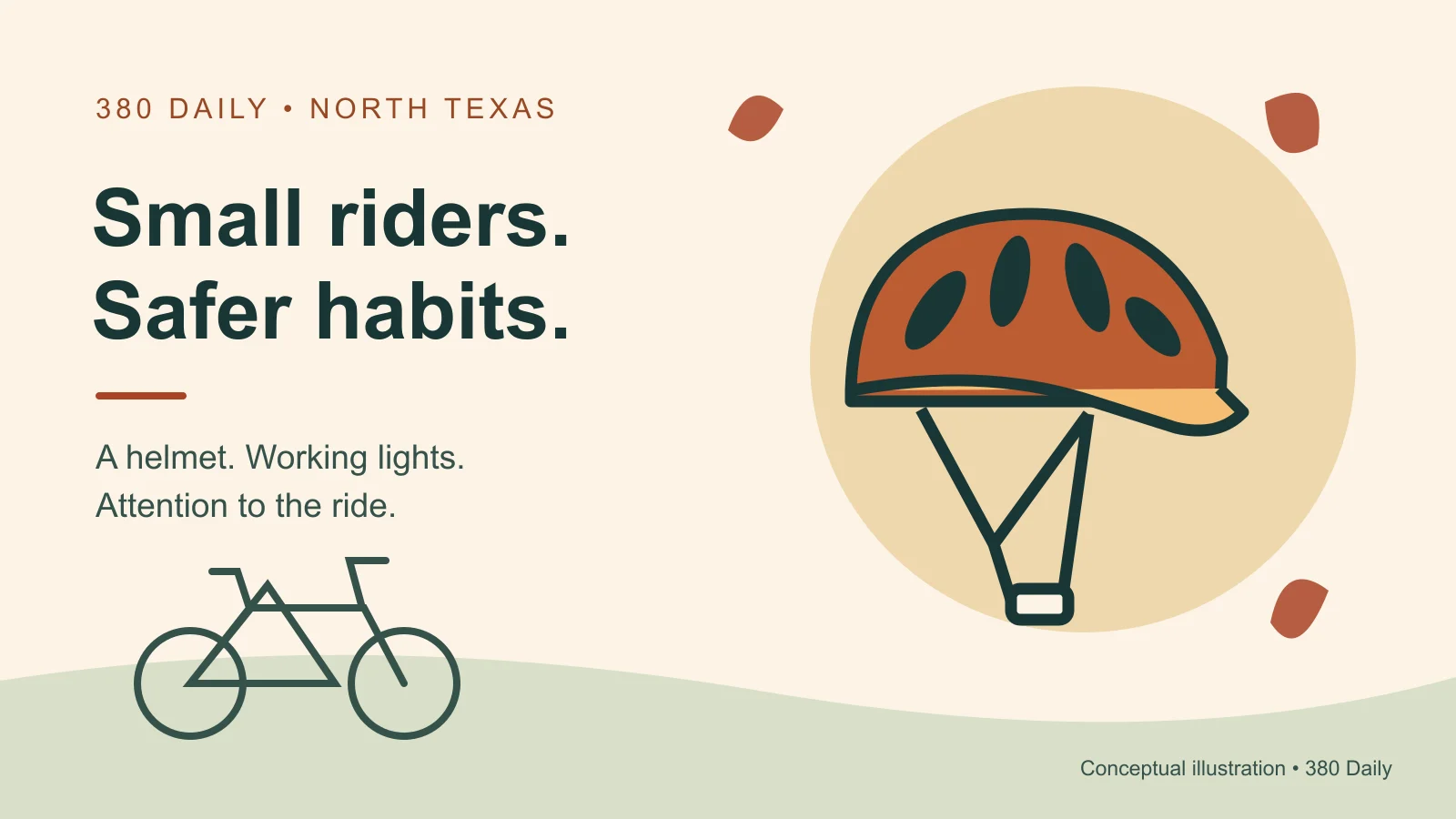 Original conceptual illustration of a bicycle helmet, bike and autumn leaves for youth riding safety; not a photograph or official Anna program artwork