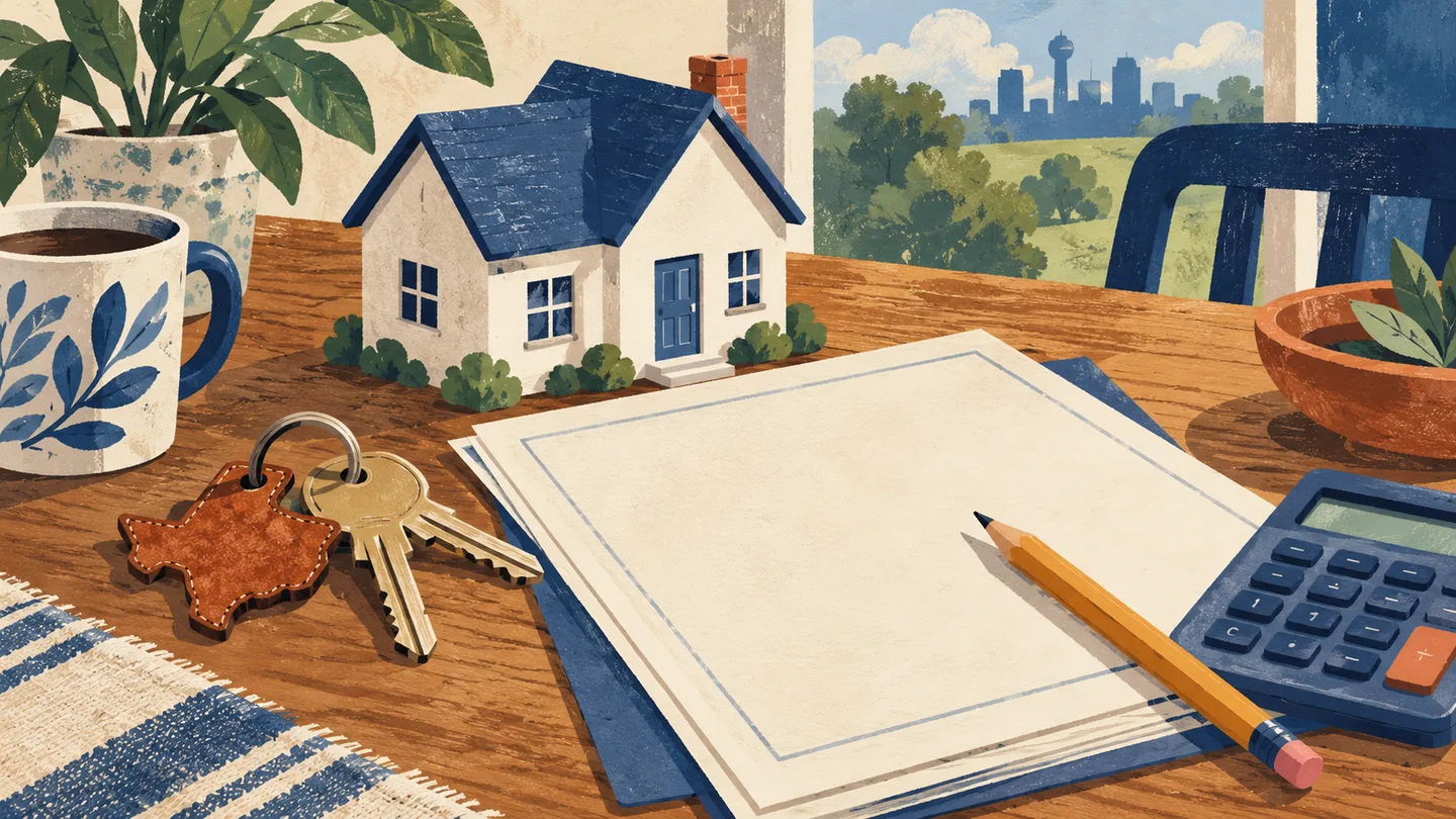 Illustration of house keys, property paperwork and a calculator