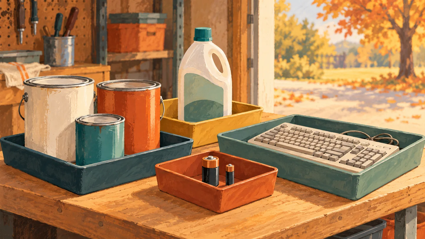 Conceptual illustration of sealed paint tins, a closed household cleaner, batteries and a keyboard separated in trays on an autumn garage workbench