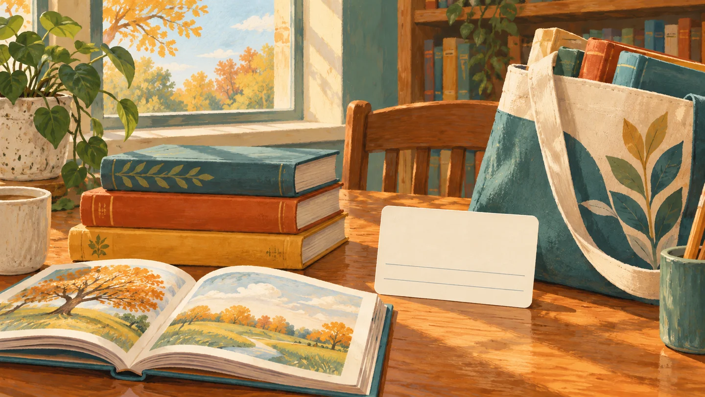 Conceptual illustration of books, a blank borrowing card and a book tote beside an autumn window