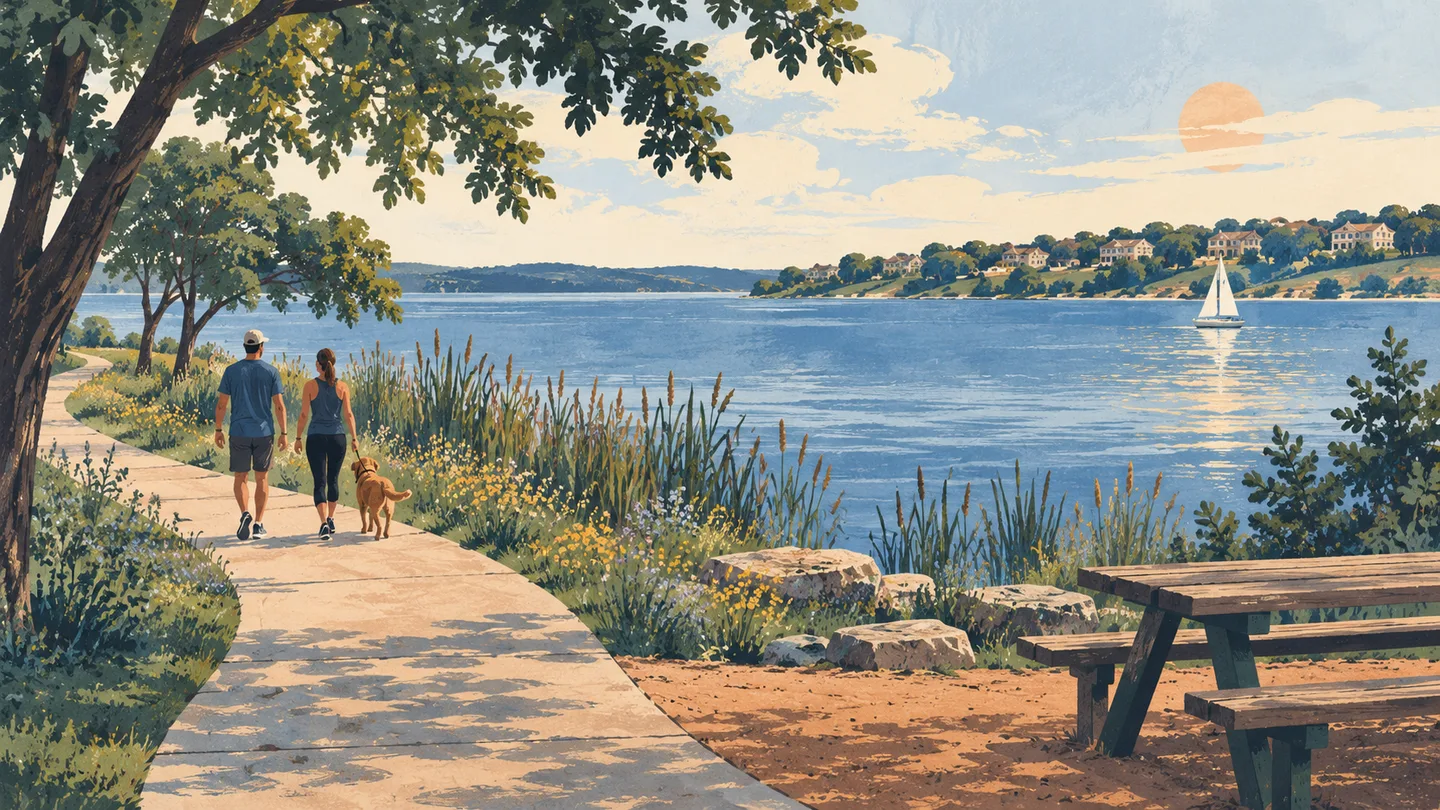 Illustration of a lakeside walking path and picnic bench