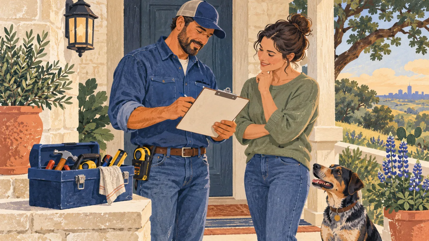Illustration of neighbors reviewing an estimate beside a toolbox