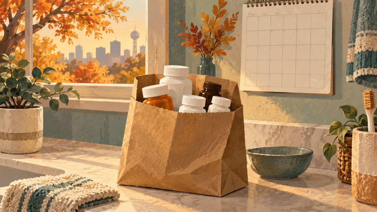 Conceptual illustration of closed unlabeled medicine bottles in a paper bag beside a blank calendar