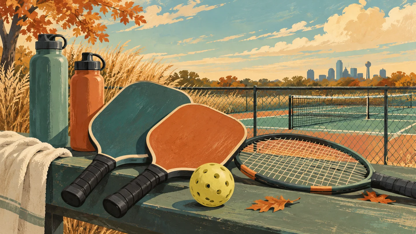 Conceptual illustration of pickleball paddles, a ball, tennis racket and water bottles beside an autumn court