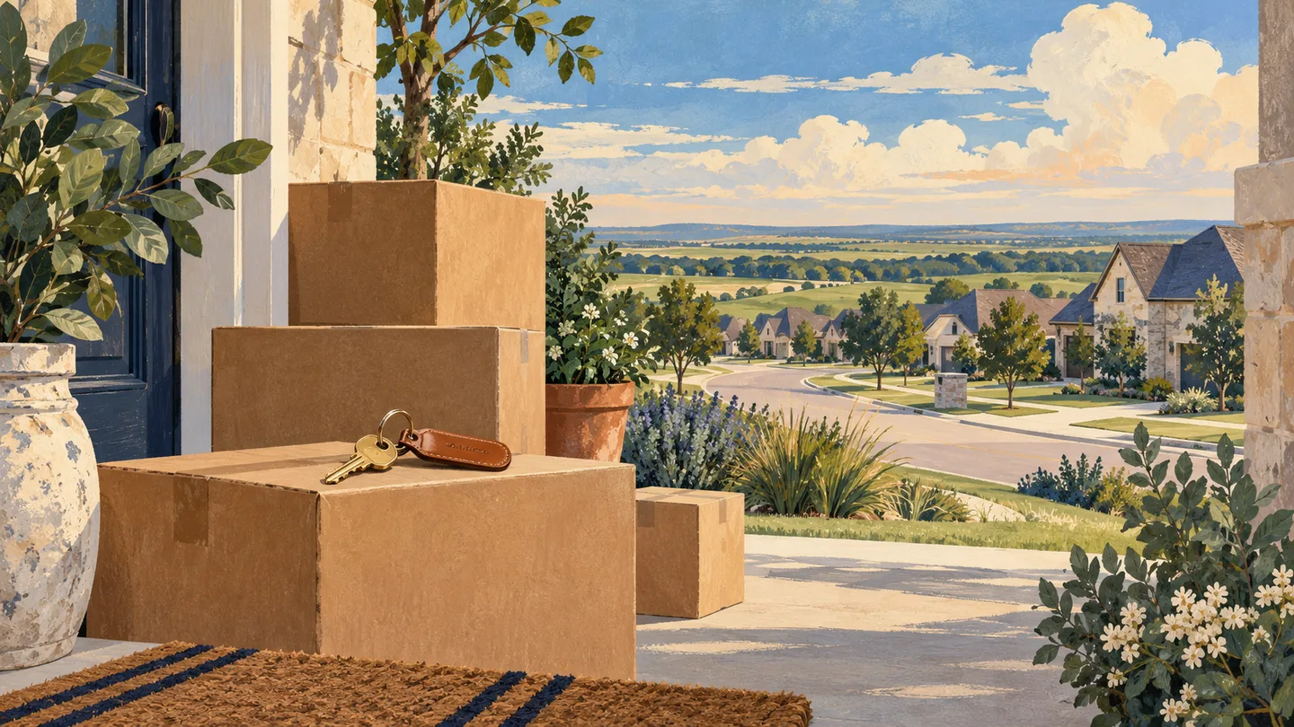Illustration of moving boxes and house keys on a North Texas porch