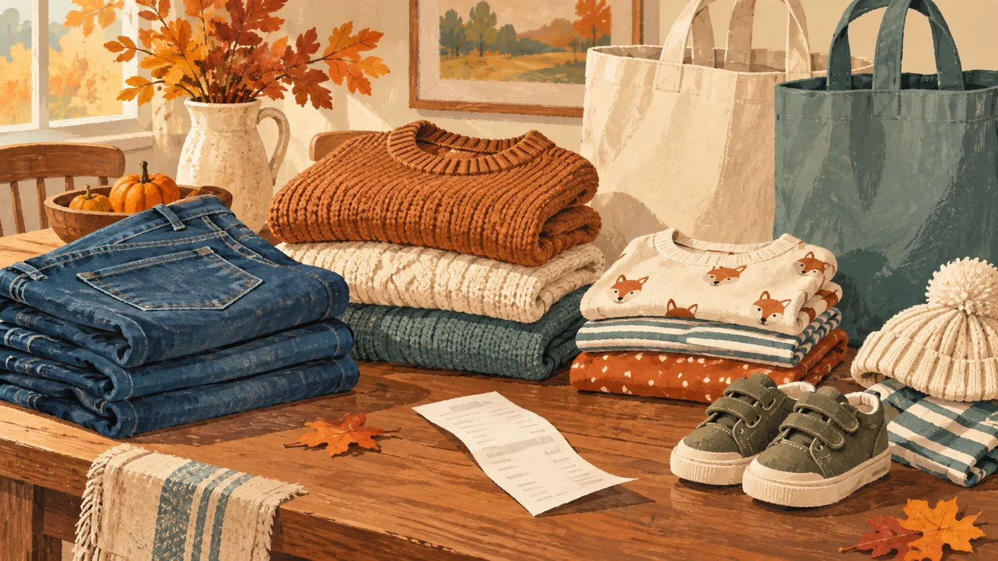 Conceptual illustration of folded family clothing, shopping bags and a receipt on an autumn table
