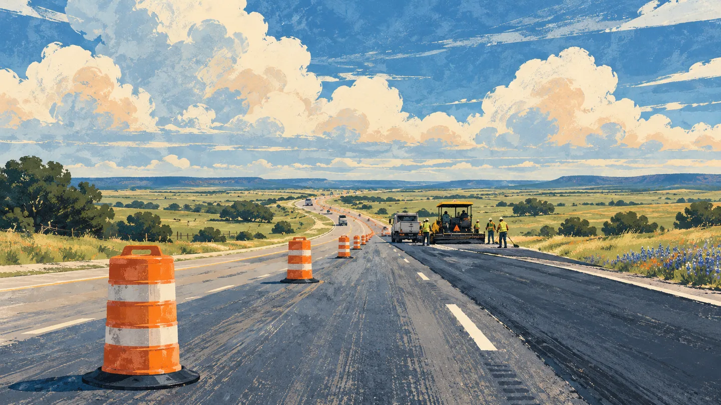 Illustration of a highway construction crew and traffic barrels on the Texas prairie