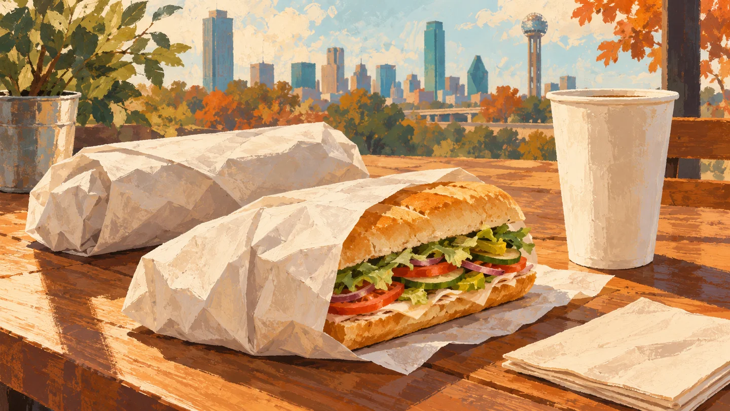 Conceptual illustration of paper-wrapped sandwiches and a plain drink on an autumn picnic table