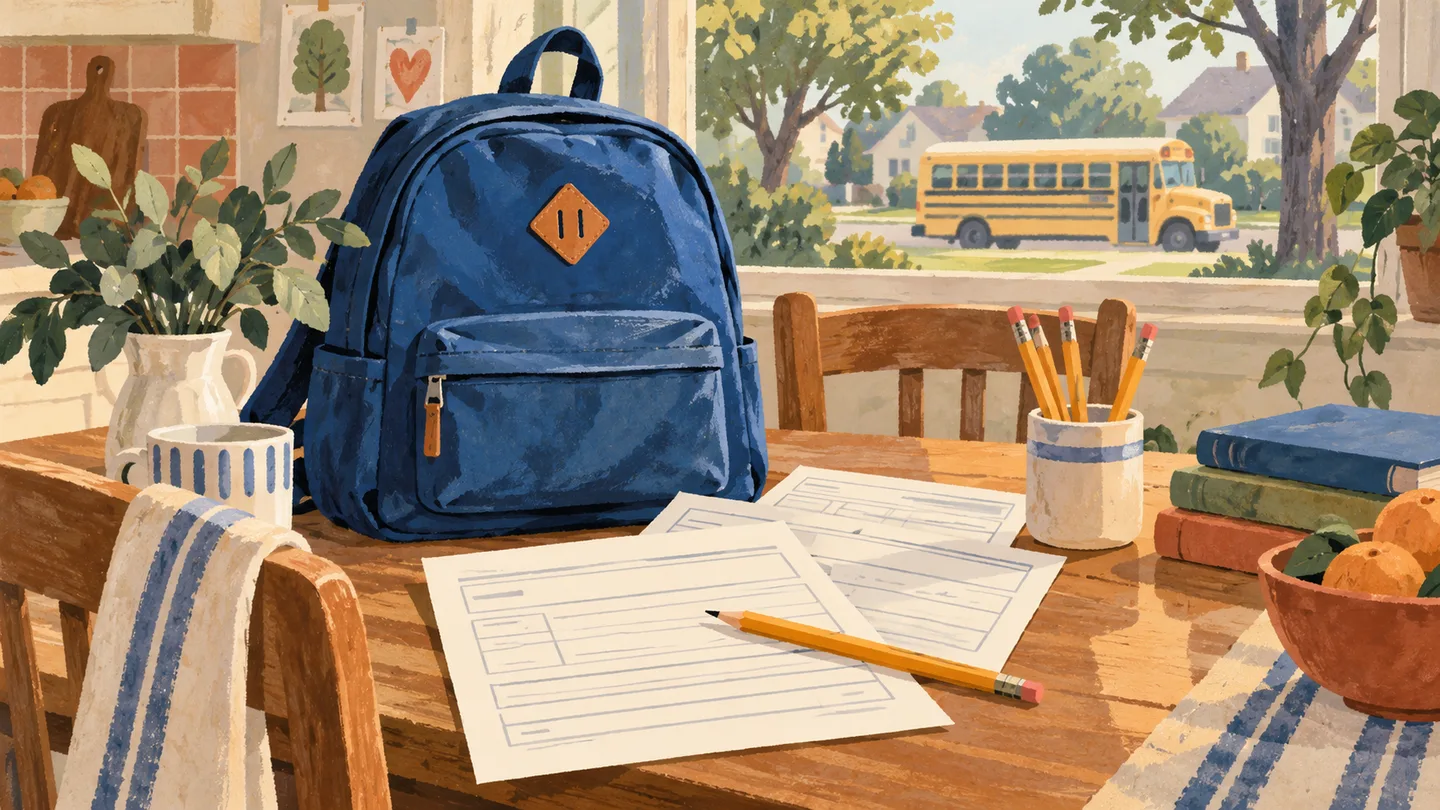 Illustration of a school backpack, enrollment forms and a yellow school bus