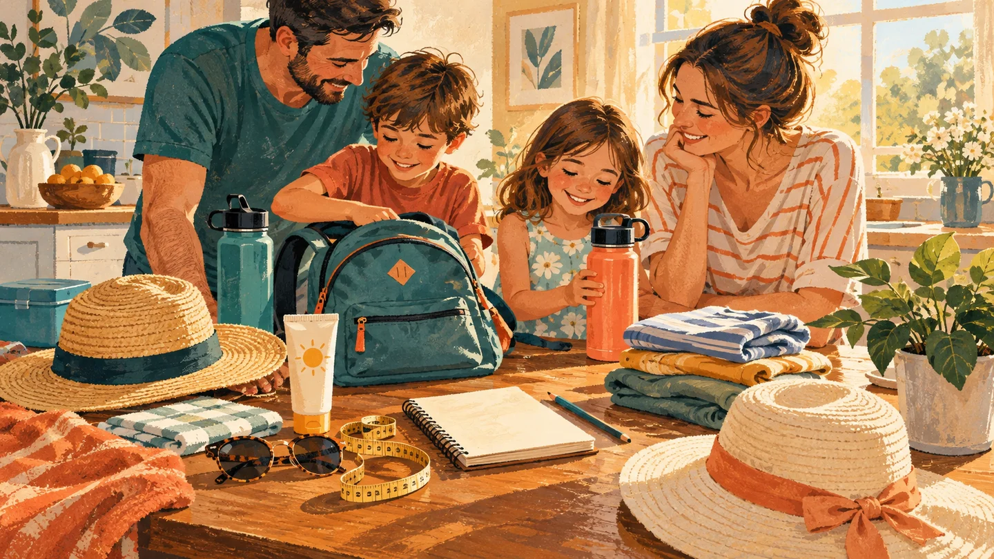 Conceptual illustration of a family packing hats, water bottles and spare clothes for a theme-park day trip