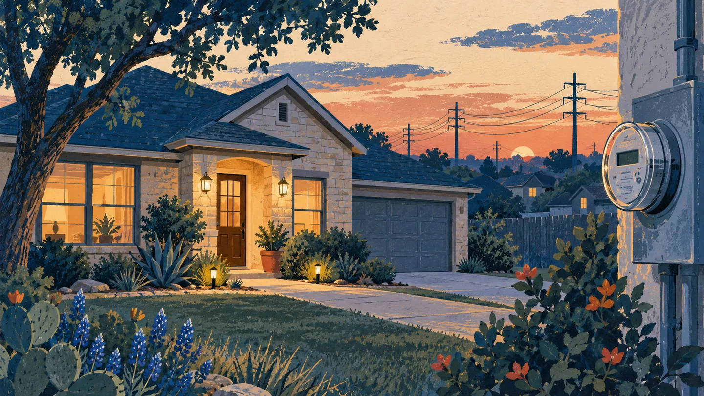 Illustration of a Texas home at dusk, electricity lines and a meter